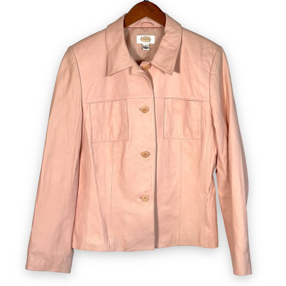 Pink Leather Jacket size 10 - Button front and lined.  Talbots -  Casual, Career